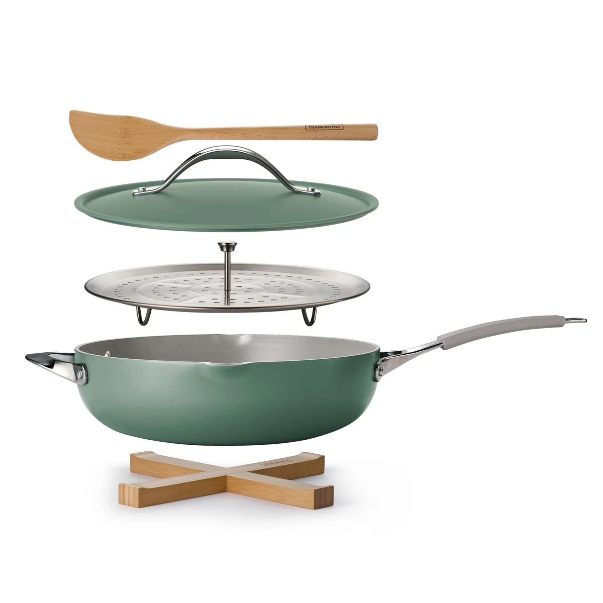 Tramontina All In One Plus Pan, 5 Qt Ceramic Non Stick - Sea Salt Green 2 Tramontina All In One Plus Pan, 5 Qt Ceramic Non Stick - Sea Salt Green - Image 2