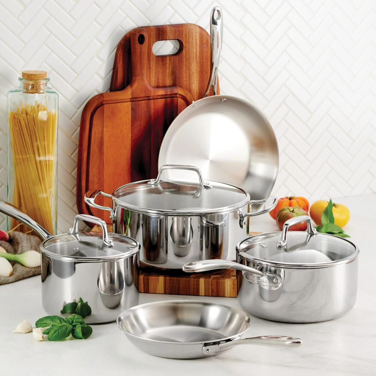 Tramontina Tri-Ply Clad 8 Pc Stainless Steel Cookware Set With Glass Lids 1 Tramontina Tri-Ply Clad 8 Pc Stainless Steel Cookware Set With Glass Lids