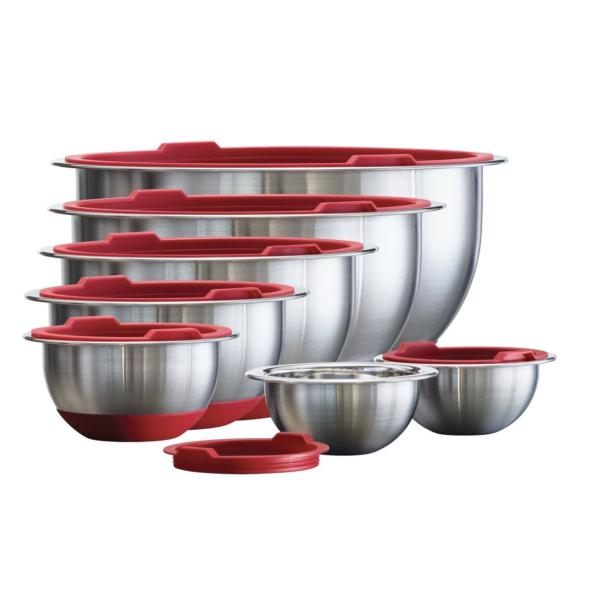 Tramontina 14 Pc Stainless Steel Covered Mixing Bowl Set With Silicone Base - Red 4 Tramontina 14 Pc Stainless Steel Covered Mixing Bowl Set With Silicone Base - Red - Image 4
