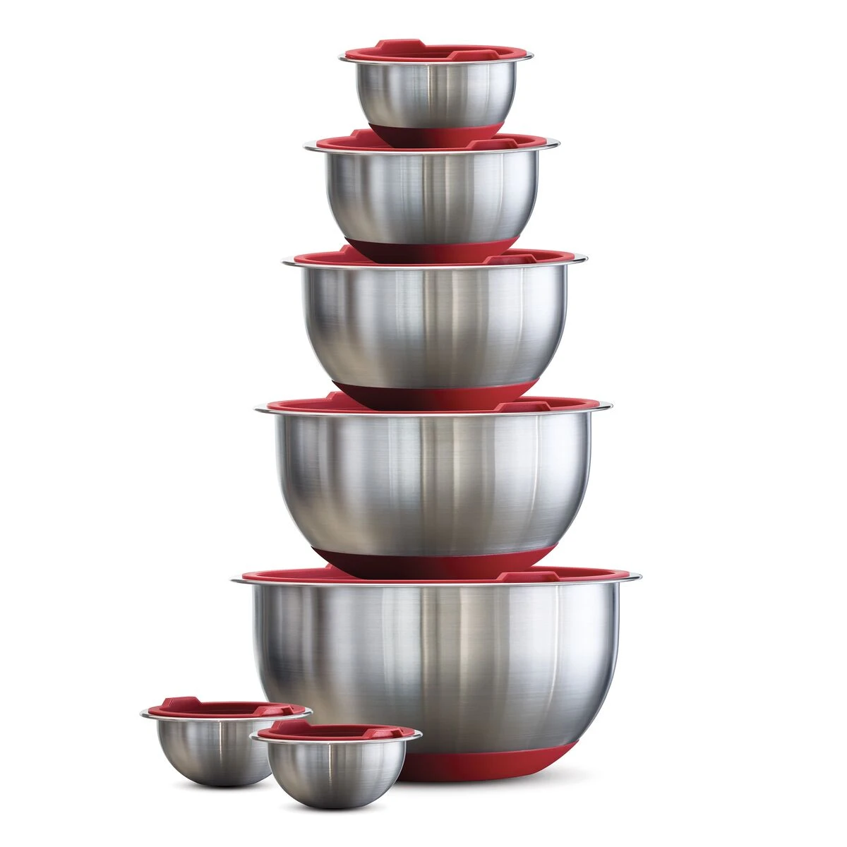 Tramontina 14 Pc Stainless Steel Covered Mixing Bowl Set With Silicone Base - Red 5 Tramontina 14 Pc Stainless Steel Covered Mixing Bowl Set With Silicone Base - Red - Image 5