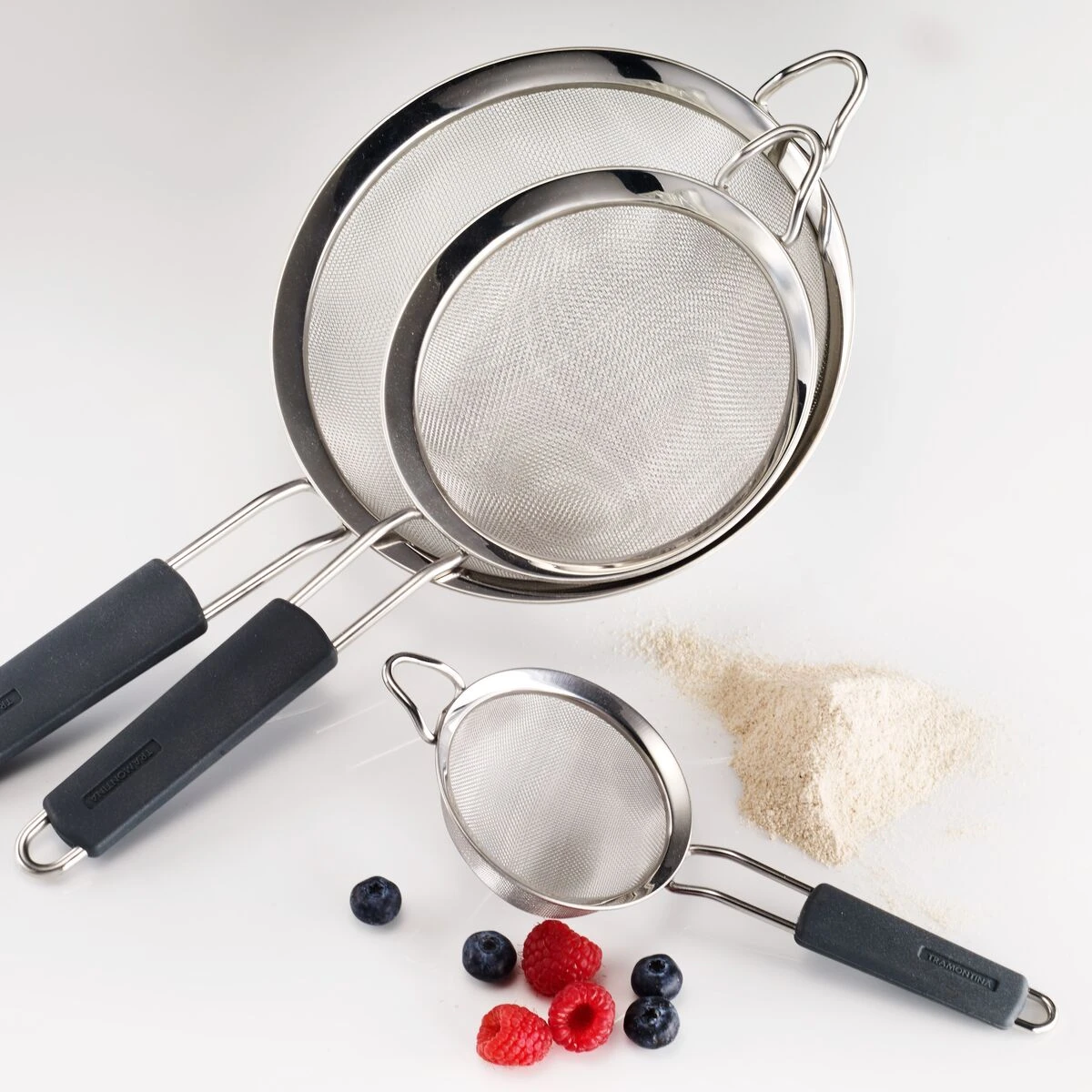 Tramontina 3 Pk Stainless Steel Mesh Strainers With Silicone Grip 1 Tramontina 3 Pk Stainless Steel Mesh Strainers With Silicone Grip
