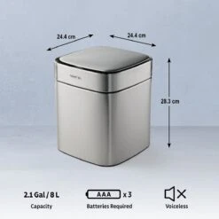 Tramontina 2.11 Gallon Stainless Steel Square Sensor Bin With ABS Lid -Tramontina Sales Store 81200014IXM003G