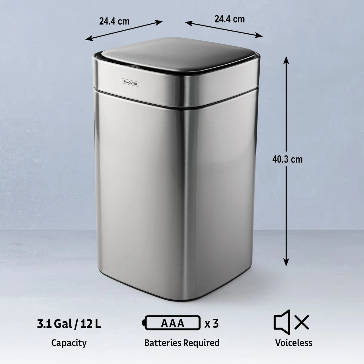 Tramontina 3.17 Gallon Stainless Steel Square Sensor Bin With SS Capped Lid 5 Tramontina 3.17 Gallon Stainless Steel Square Sensor Bin With SS Capped Lid - Image 5